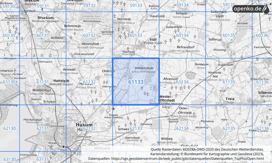 Übersichtskarte des KOSTRA-DWD-2020-Rasterfeldes Nr. 61133