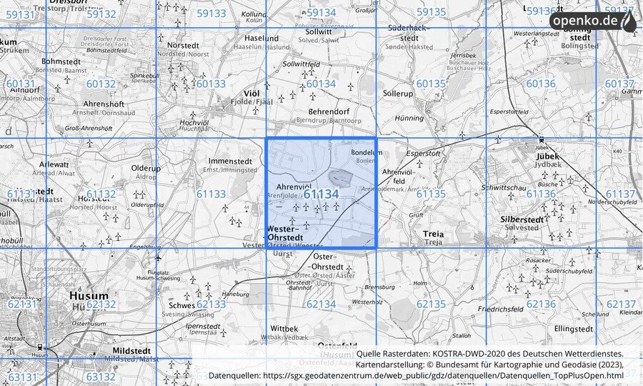 Übersichtskarte des KOSTRA-DWD-2020-Rasterfeldes Nr. 61134