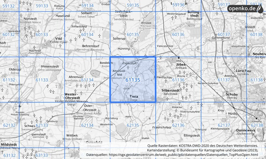Übersichtskarte des KOSTRA-DWD-2020-Rasterfeldes Nr. 61135