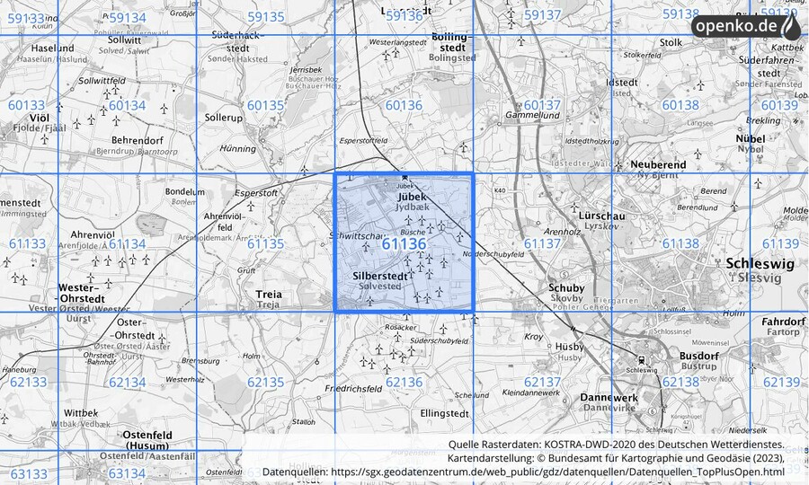 Übersichtskarte des KOSTRA-DWD-2020-Rasterfeldes Nr. 61136