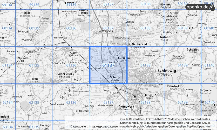 Übersichtskarte des KOSTRA-DWD-2020-Rasterfeldes Nr. 61137
