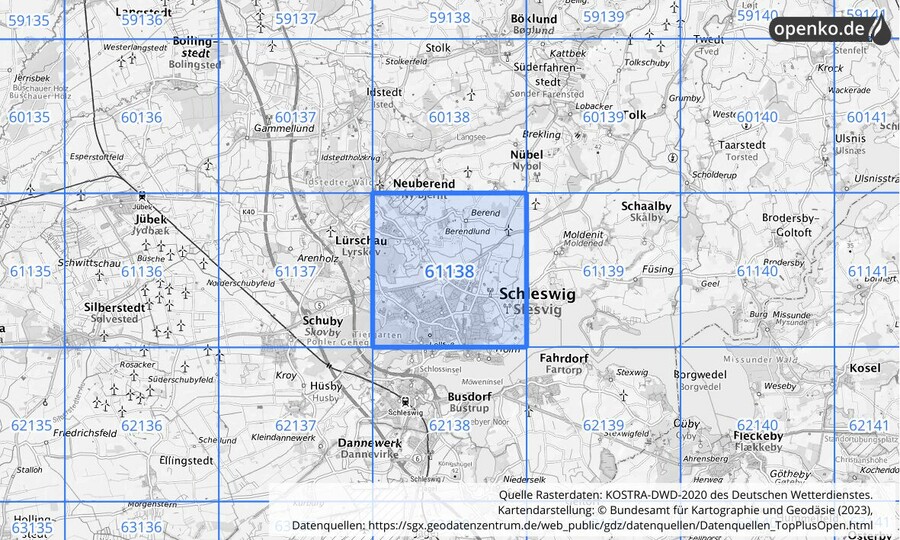 Übersichtskarte des KOSTRA-DWD-2020-Rasterfeldes Nr. 61138