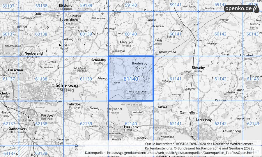 Übersichtskarte des KOSTRA-DWD-2020-Rasterfeldes Nr. 61140