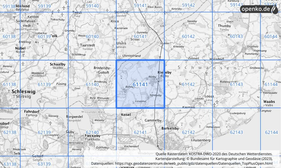 Übersichtskarte des KOSTRA-DWD-2020-Rasterfeldes Nr. 61141