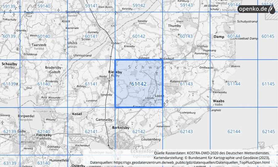 Übersichtskarte des KOSTRA-DWD-2020-Rasterfeldes Nr. 61142