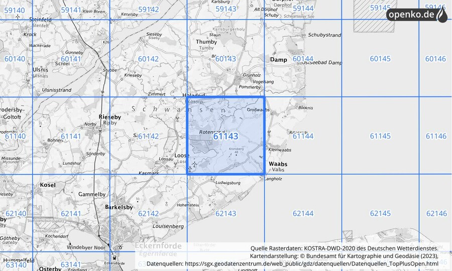 Übersichtskarte des KOSTRA-DWD-2020-Rasterfeldes Nr. 61143