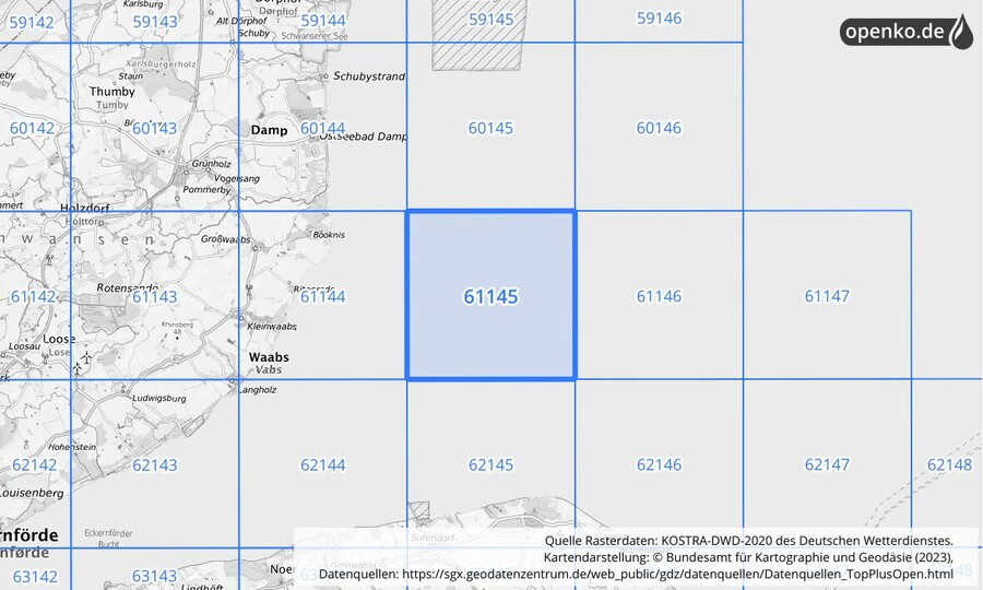 Übersichtskarte des KOSTRA-DWD-2020-Rasterfeldes Nr. 61145