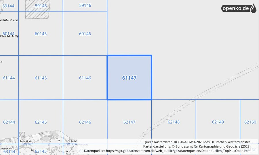 Übersichtskarte des KOSTRA-DWD-2020-Rasterfeldes Nr. 61147