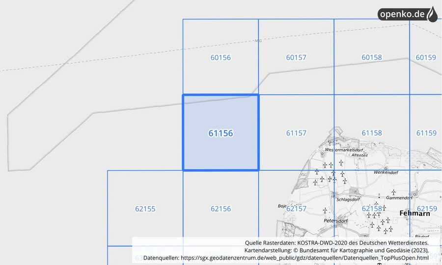 Übersichtskarte des KOSTRA-DWD-2020-Rasterfeldes Nr. 61156