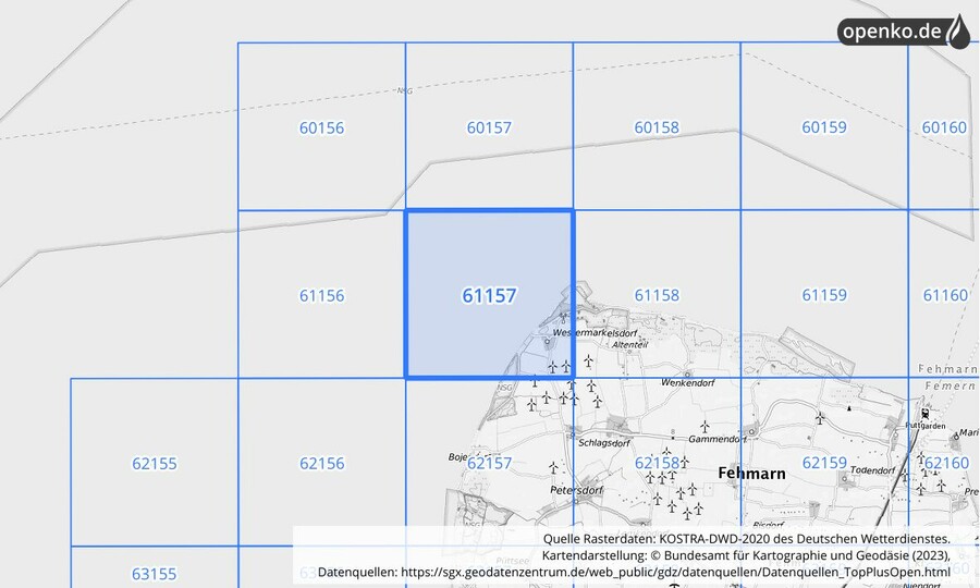 Übersichtskarte des KOSTRA-DWD-2020-Rasterfeldes Nr. 61157