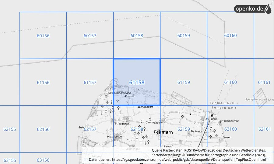 Übersichtskarte des KOSTRA-DWD-2020-Rasterfeldes Nr. 61158