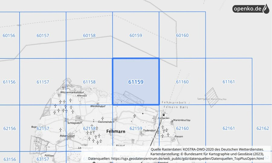 Übersichtskarte des KOSTRA-DWD-2020-Rasterfeldes Nr. 61159