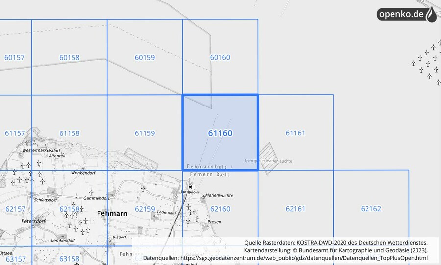 Übersichtskarte des KOSTRA-DWD-2020-Rasterfeldes Nr. 61160