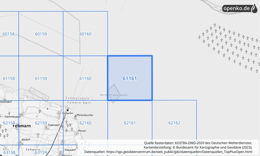 Übersichtskarte des KOSTRA-DWD-2020-Rasterfeldes Nr. 61161