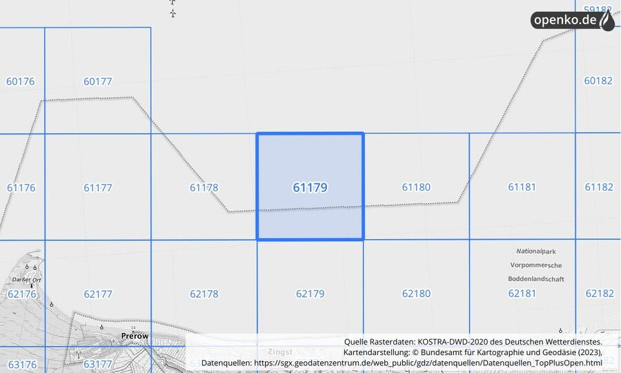 Übersichtskarte des KOSTRA-DWD-2020-Rasterfeldes Nr. 61179