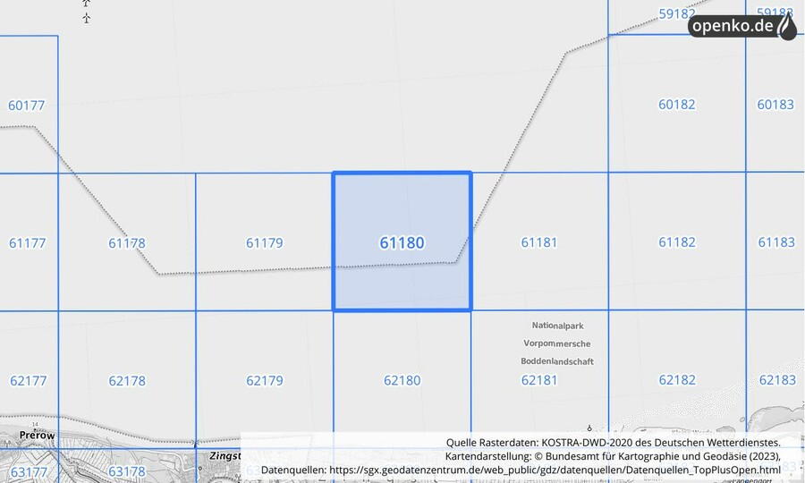 Übersichtskarte des KOSTRA-DWD-2020-Rasterfeldes Nr. 61180