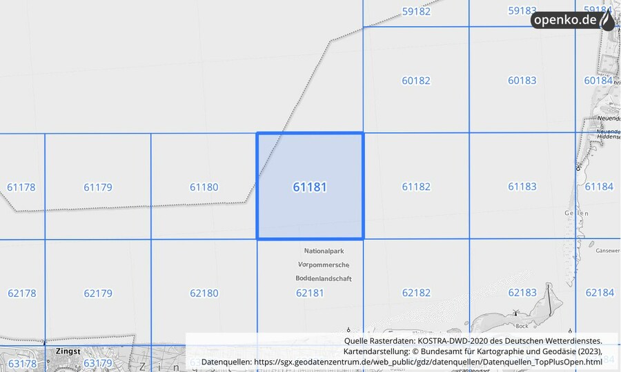 Übersichtskarte des KOSTRA-DWD-2020-Rasterfeldes Nr. 61181