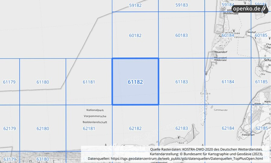 Übersichtskarte des KOSTRA-DWD-2020-Rasterfeldes Nr. 61182