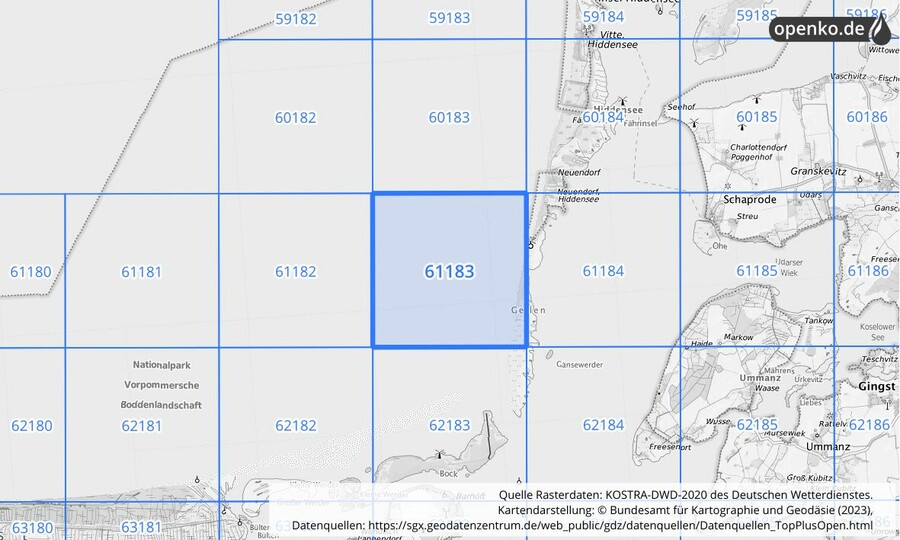 Übersichtskarte des KOSTRA-DWD-2020-Rasterfeldes Nr. 61183
