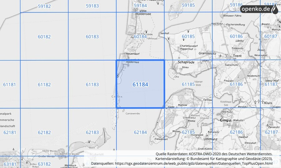 Übersichtskarte des KOSTRA-DWD-2020-Rasterfeldes Nr. 61184