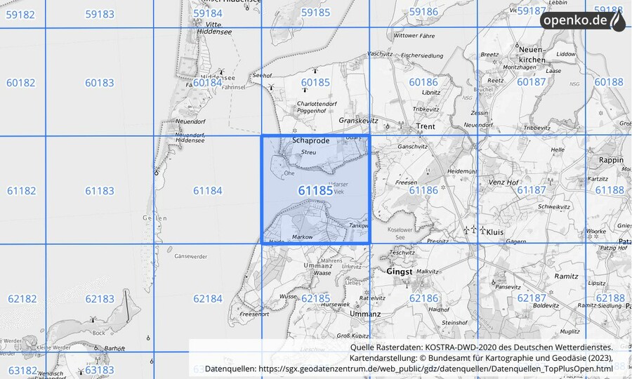 Übersichtskarte des KOSTRA-DWD-2020-Rasterfeldes Nr. 61185