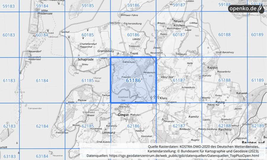Übersichtskarte des KOSTRA-DWD-2020-Rasterfeldes Nr. 61186