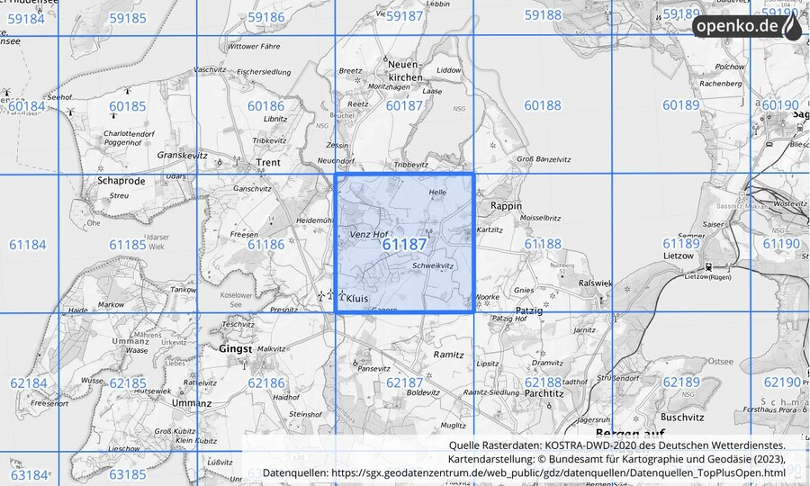 Übersichtskarte des KOSTRA-DWD-2020-Rasterfeldes Nr. 61187