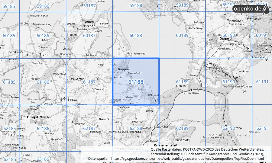 Übersichtskarte des KOSTRA-DWD-2020-Rasterfeldes Nr. 61188