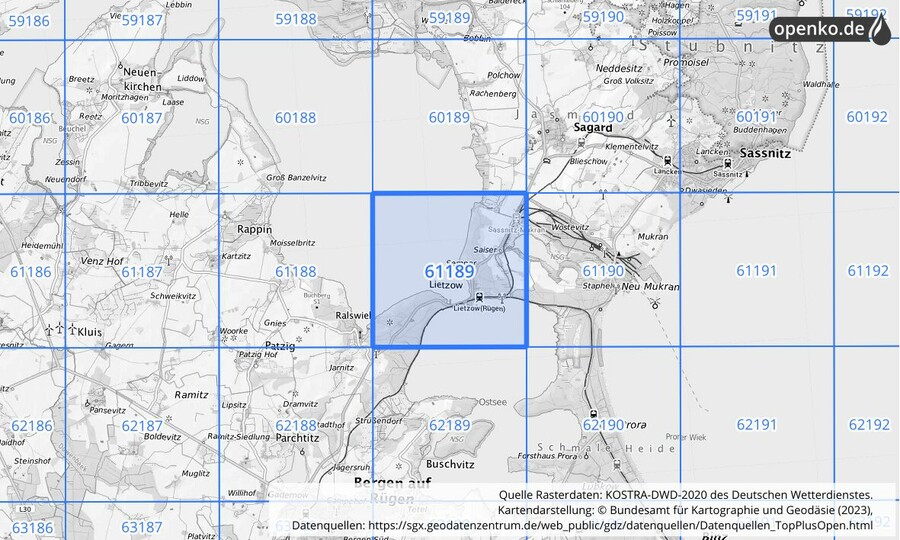 Übersichtskarte des KOSTRA-DWD-2020-Rasterfeldes Nr. 61189