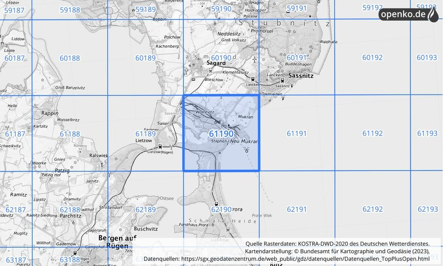 Übersichtskarte des KOSTRA-DWD-2020-Rasterfeldes Nr. 61190