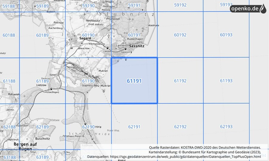 Übersichtskarte des KOSTRA-DWD-2020-Rasterfeldes Nr. 61191