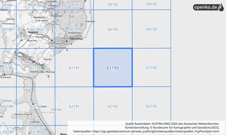 Übersichtskarte des KOSTRA-DWD-2020-Rasterfeldes Nr. 61192