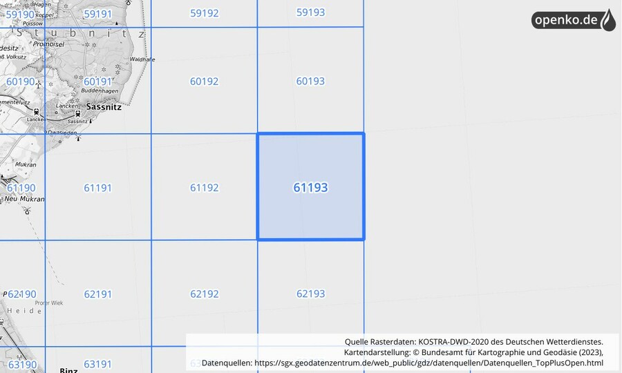 Übersichtskarte des KOSTRA-DWD-2020-Rasterfeldes Nr. 61193