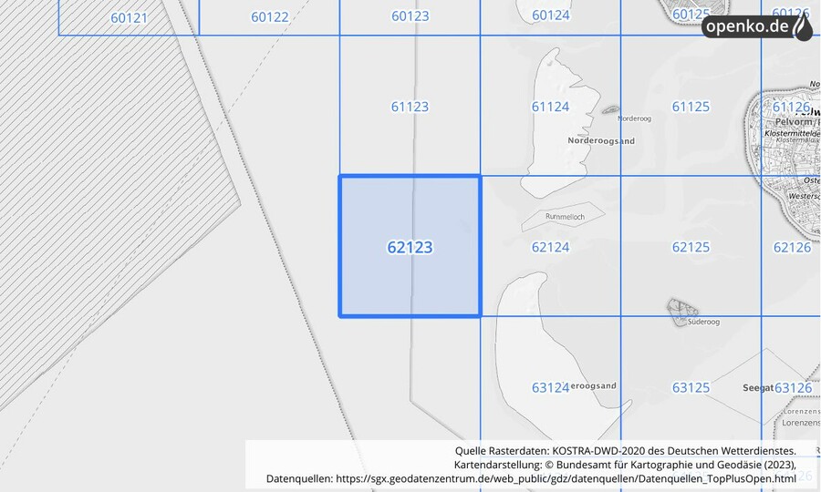 Übersichtskarte des KOSTRA-DWD-2020-Rasterfeldes Nr. 62123