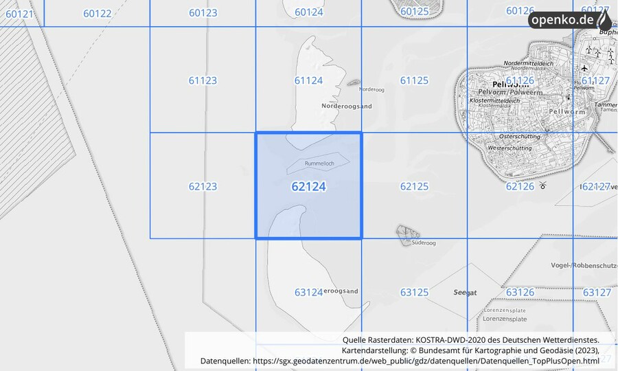 Übersichtskarte des KOSTRA-DWD-2020-Rasterfeldes Nr. 62124