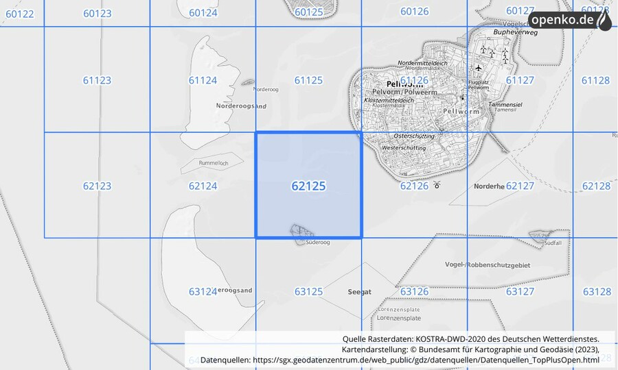 Übersichtskarte des KOSTRA-DWD-2020-Rasterfeldes Nr. 62125