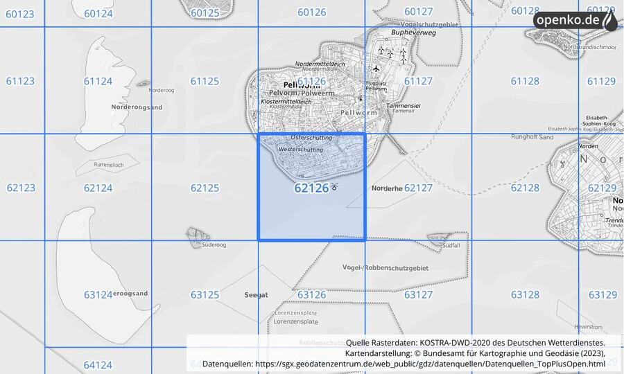 Übersichtskarte des KOSTRA-DWD-2020-Rasterfeldes Nr. 62126