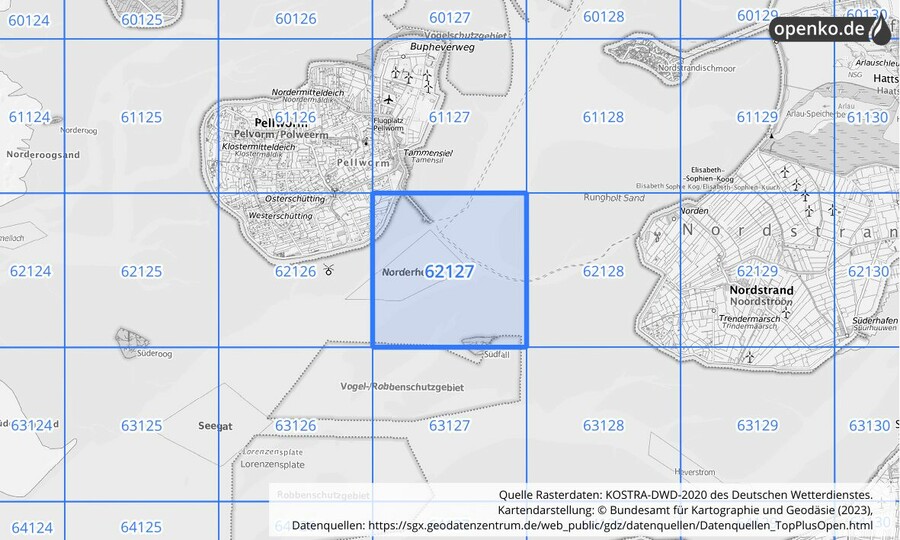 Übersichtskarte des KOSTRA-DWD-2020-Rasterfeldes Nr. 62127