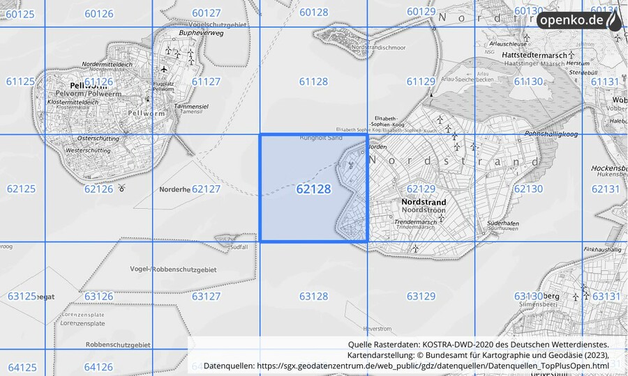 Übersichtskarte des KOSTRA-DWD-2020-Rasterfeldes Nr. 62128