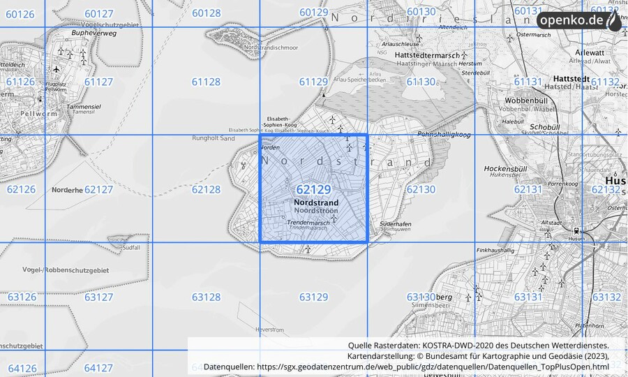 Übersichtskarte des KOSTRA-DWD-2020-Rasterfeldes Nr. 62129