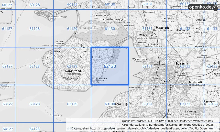 Übersichtskarte des KOSTRA-DWD-2020-Rasterfeldes Nr. 62130