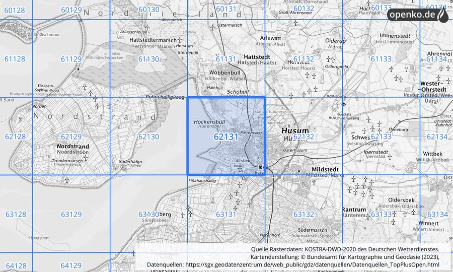 Übersichtskarte des KOSTRA-DWD-2020-Rasterfeldes Nr. 62131