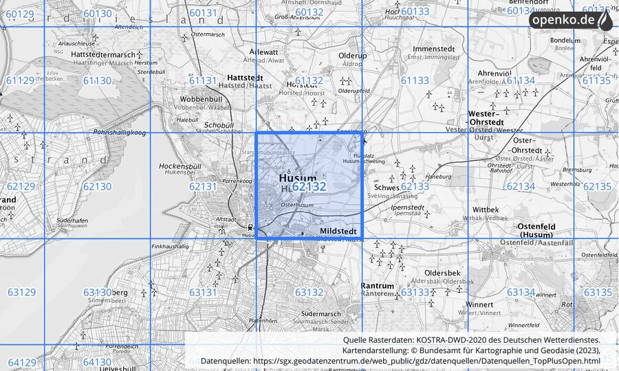 Übersichtskarte des KOSTRA-DWD-2020-Rasterfeldes Nr. 62132