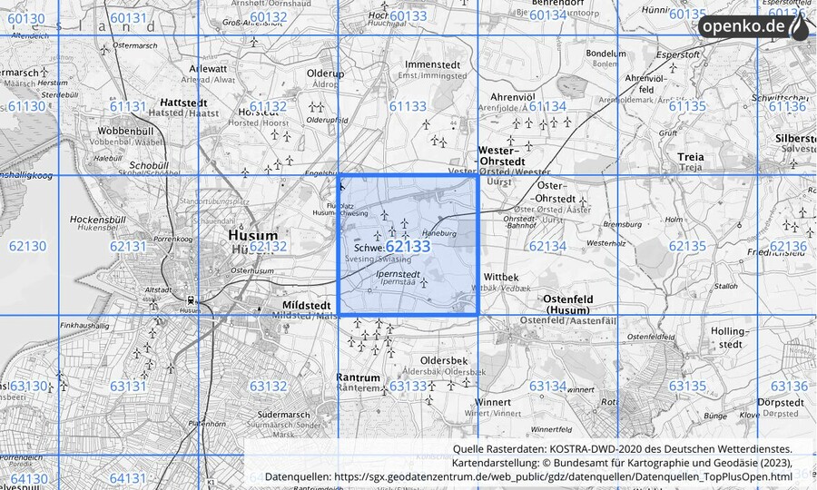 Übersichtskarte des KOSTRA-DWD-2020-Rasterfeldes Nr. 62133