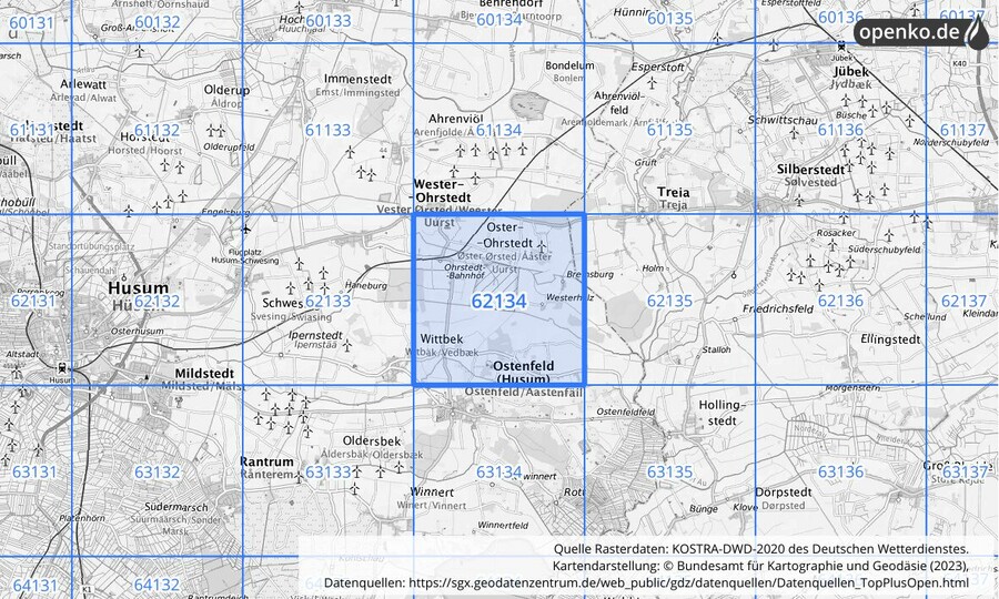 Übersichtskarte des KOSTRA-DWD-2020-Rasterfeldes Nr. 62134