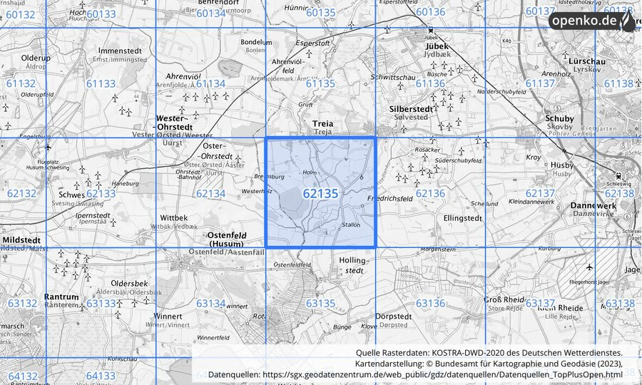Übersichtskarte des KOSTRA-DWD-2020-Rasterfeldes Nr. 62135