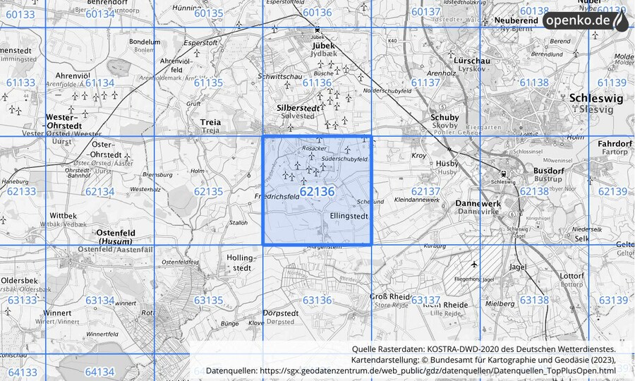 Übersichtskarte des KOSTRA-DWD-2020-Rasterfeldes Nr. 62136