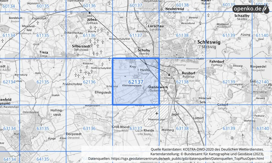 Übersichtskarte des KOSTRA-DWD-2020-Rasterfeldes Nr. 62137