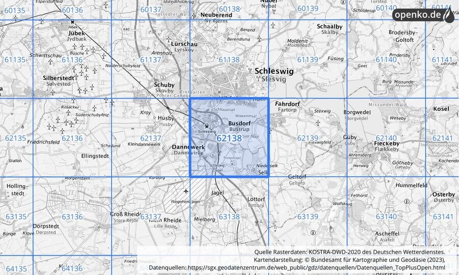 Übersichtskarte des KOSTRA-DWD-2020-Rasterfeldes Nr. 62138
