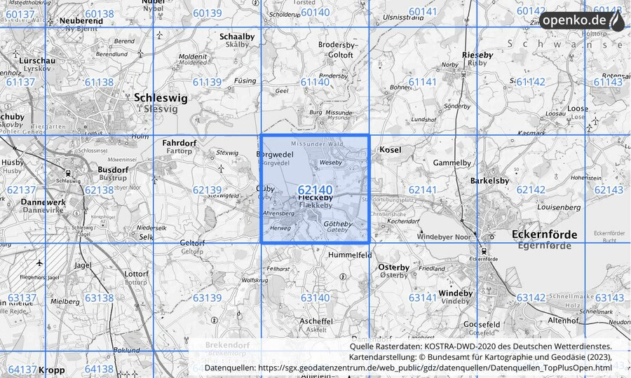 Übersichtskarte des KOSTRA-DWD-2020-Rasterfeldes Nr. 62140